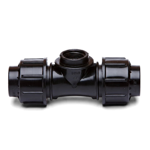Black Jenfit Female Tee 32mm x 1/2 inch plastic pipe fitting for plumbing and irrigation systems, shown on a white