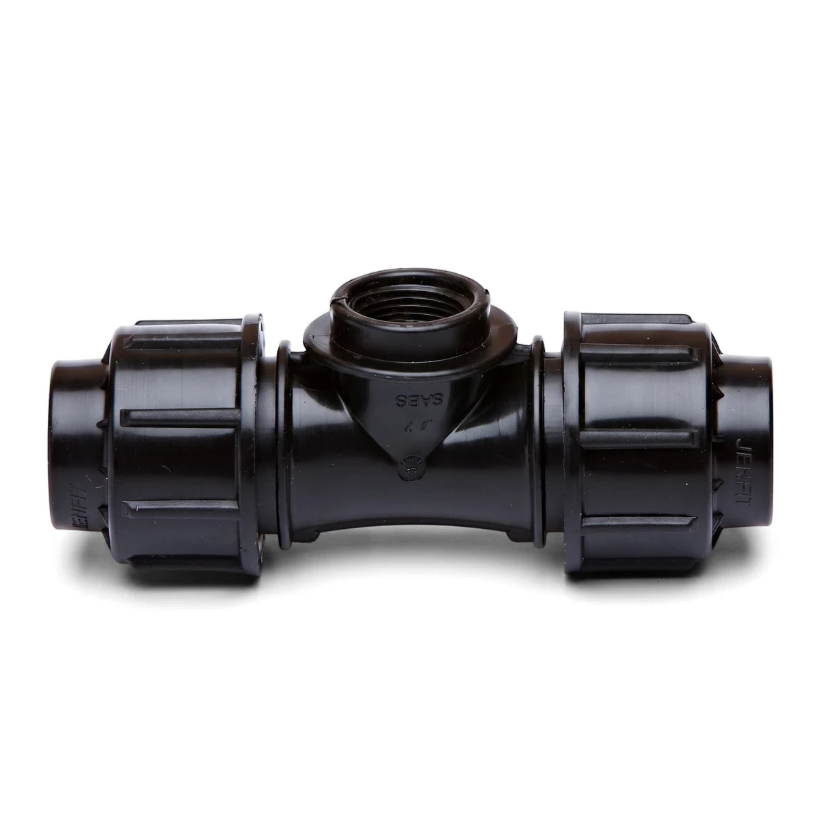 Black Jenfit Female Tee 32mm X 1 inch plastic pipe fitting with a threaded top, shown horizontally.