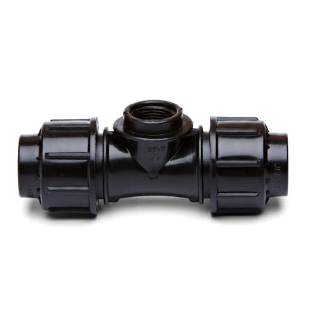Black Jenfit Female Tee 32mm X 1 inch plastic pipe fitting with a threaded top, shown horizontally.