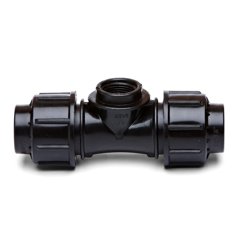 Black Jenfit Female Tee 32mm X 1 inch plastic pipe fitting with a threaded top, shown horizontally.