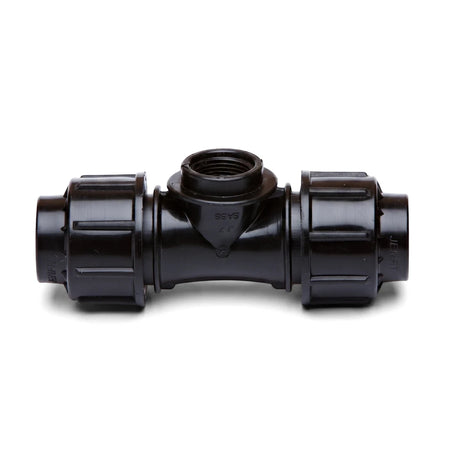 Jenfit Female Tee 40mm x 1 1/2 inch black plastic pipe fitting for irrigation and plumbing systems.