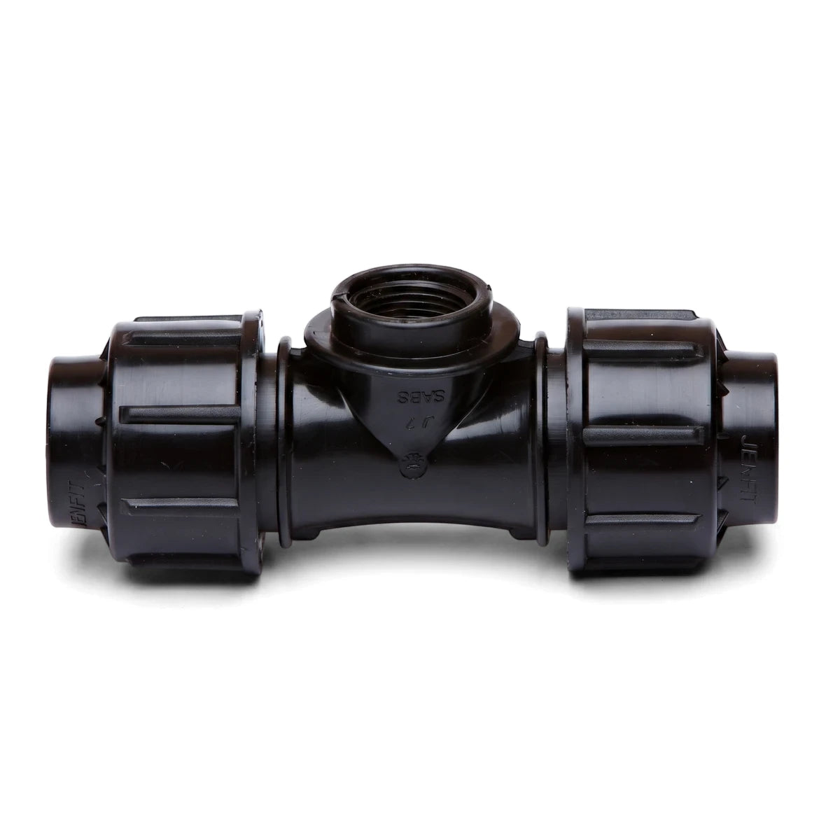 Black plastic Jenfit female tee pipe fitting, 40mm x 1 inch, with threaded connection, for plumbing and irrigation.