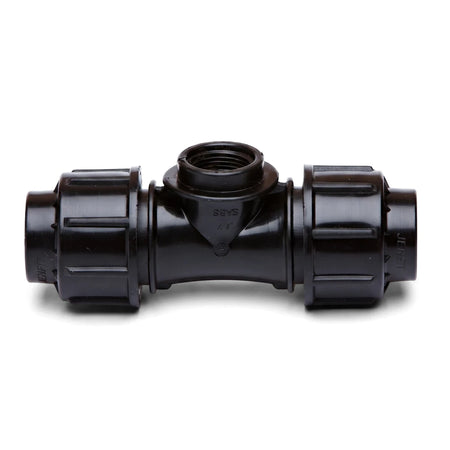 Black plastic Jenfit female tee pipe fitting, 40mm x 1 inch, with threaded connection, for plumbing and irrigation.