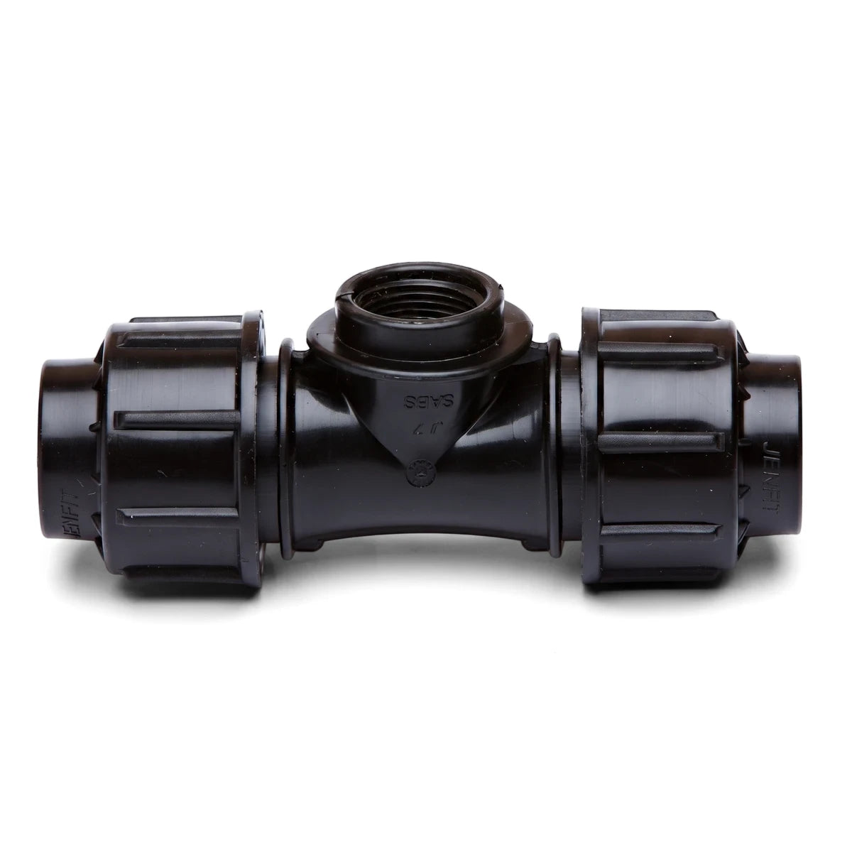 Black plastic Jenfit Female Tee pipe fitting, 50mm X 2 inches, designed for plumbing and irrigation systems.