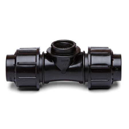 Black plastic Jenfit Female Tee pipe fitting, 50mm X 2 inches, designed for plumbing and irrigation systems.