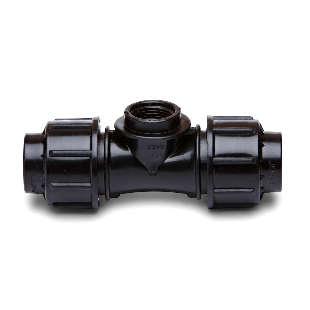 A black plastic Jenfit female tee pipe fitting, 63mm x 2 1/2 inches, shown on a white background, for plumbing and