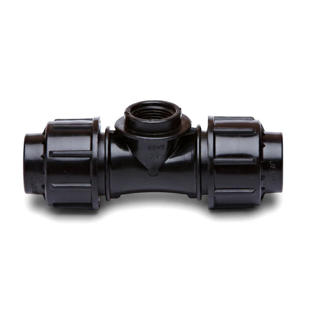A black plastic Jenfit female tee pipe fitting, 63mm x 2 1/2 inches, shown on a white background, for plumbing and