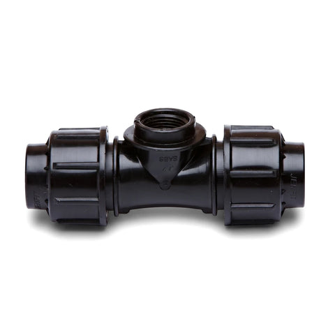A black plastic Jenfit female tee pipe fitting, 63mm x 2 1/2 inches, shown on a white background, for plumbing and