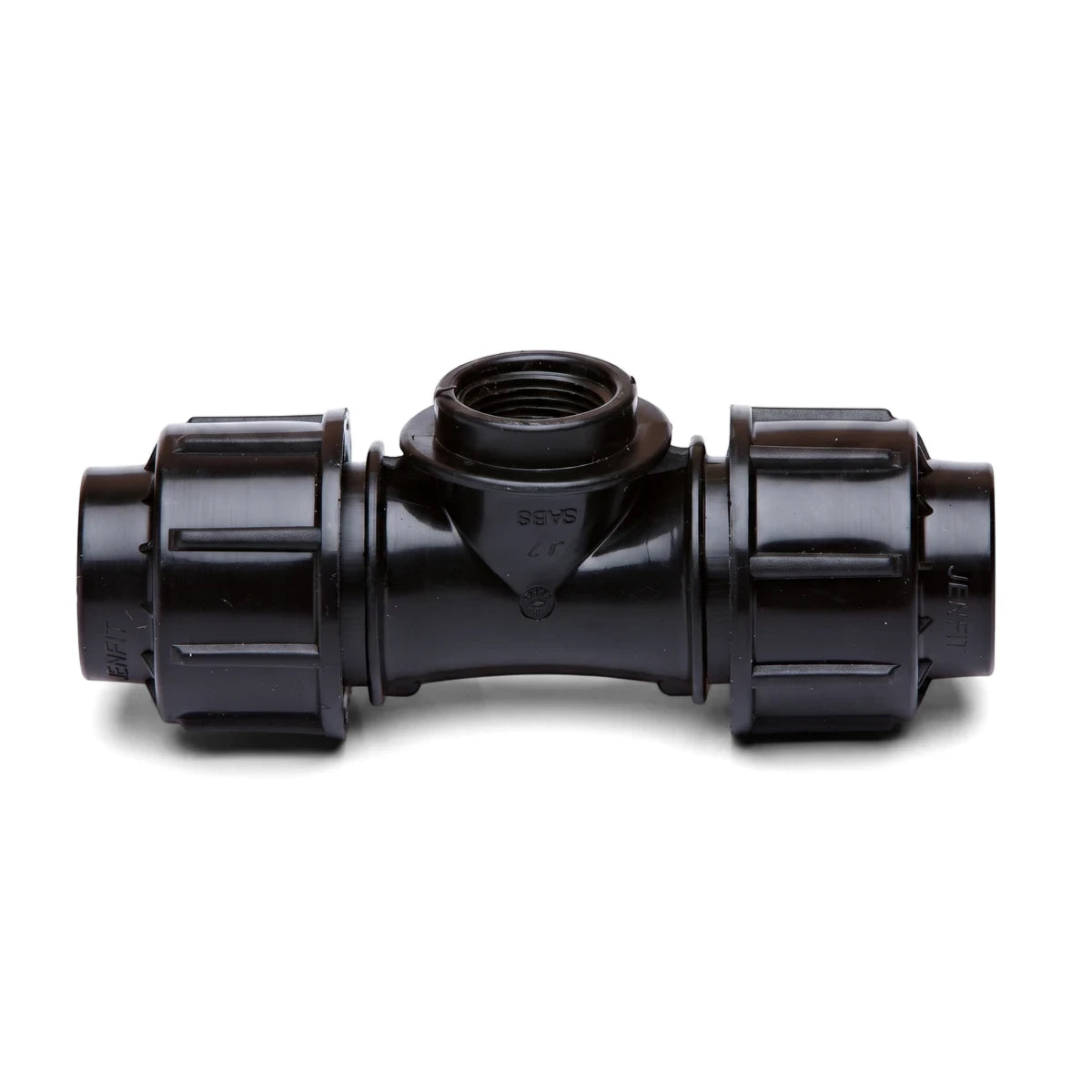 Black plastic Jenfit female tee pipe fitting, 50mm x 1 1/2 inch, with a threaded connection, on a white background.