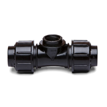 Black plastic Jenfit female tee pipe fitting, 50mm x 1 1/2 inch, with a threaded connection, on a white background.