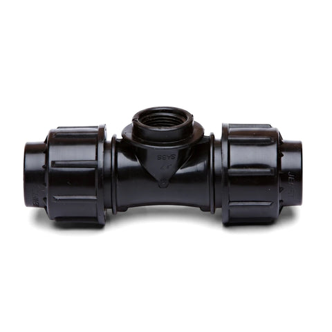 Black plastic Jenfit female tee pipe fitting, 50mm x 1 1/2 inch, with a threaded connection, on a white background.