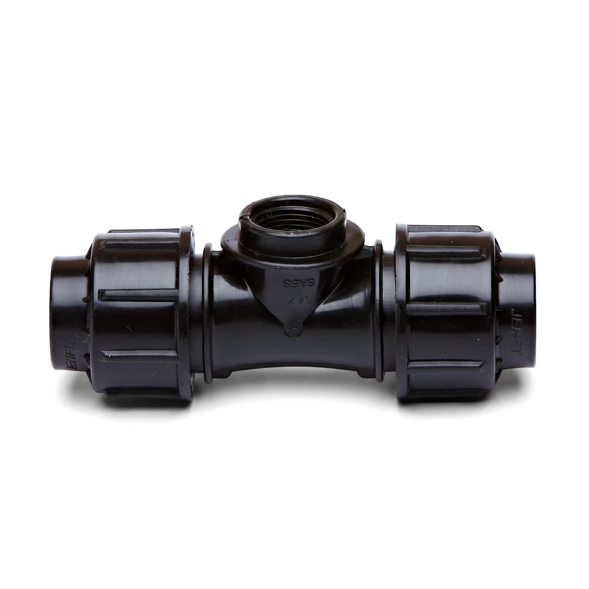 Black Jenfit Female Tee pipe fitting, 20mm x 3/4 inch size, for irrigation and plumbing systems, shown on a white background.