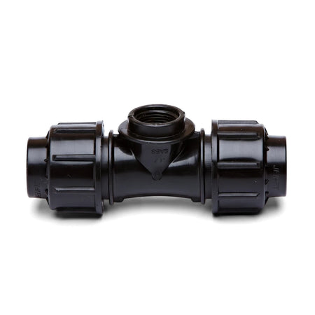 Black Jenfit Female Tee pipe fitting, 20mm x 3/4 inch size, for irrigation and plumbing systems, shown on a white background.