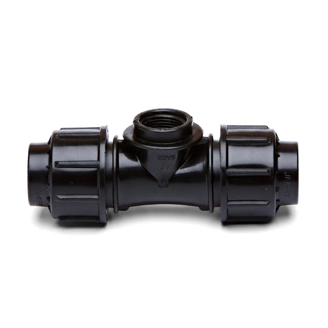 Black Jenfit Female Tee pipe fitting, 20mm x 3/4 inch size, for irrigation and plumbing systems, shown on a white background.