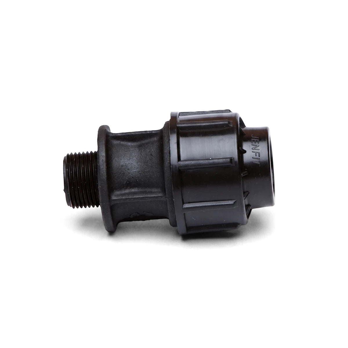 Black plastic Jenfit male adapter, 20mm x 3/4" threaded pipe fitting, photographed horizontally.