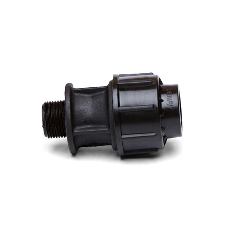 Black plastic Jenfit male adapter, 20mm x 3/4" threaded pipe fitting, photographed horizontally.