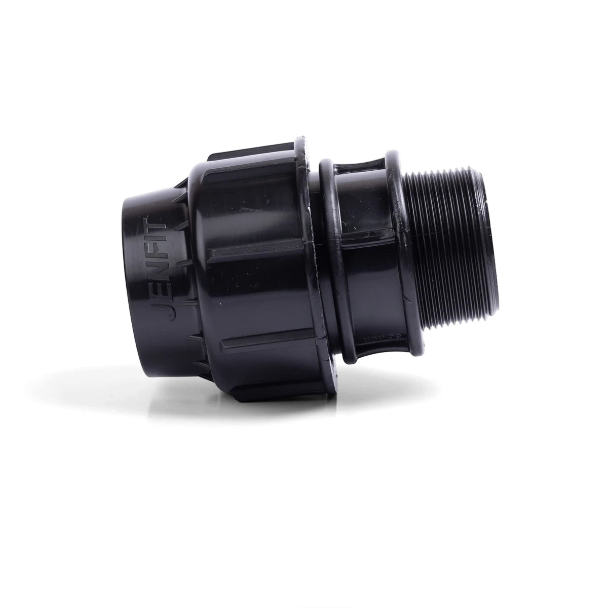 Black plastic Jenfit male adapter 25mm x 3/4" plumbing fitting with threaded end and visible branding.