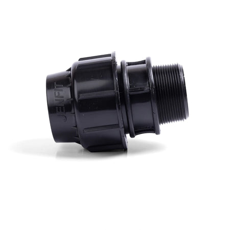 Black plastic Jenfit male adapter 25mm x 3/4" plumbing fitting with threaded end and visible branding.
