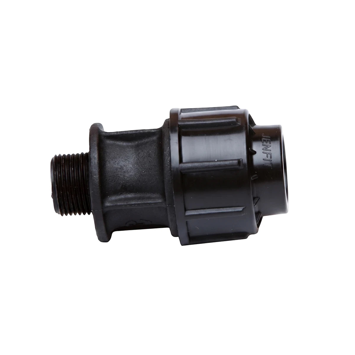 Jenfit Male Adapter 25mm x 3/4" black plastic pipe fitting for plumbing applications, side view