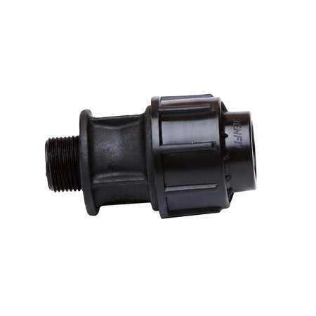 Jenfit Male Adapter 25mm x 3/4" black plastic pipe fitting for plumbing applications, side view