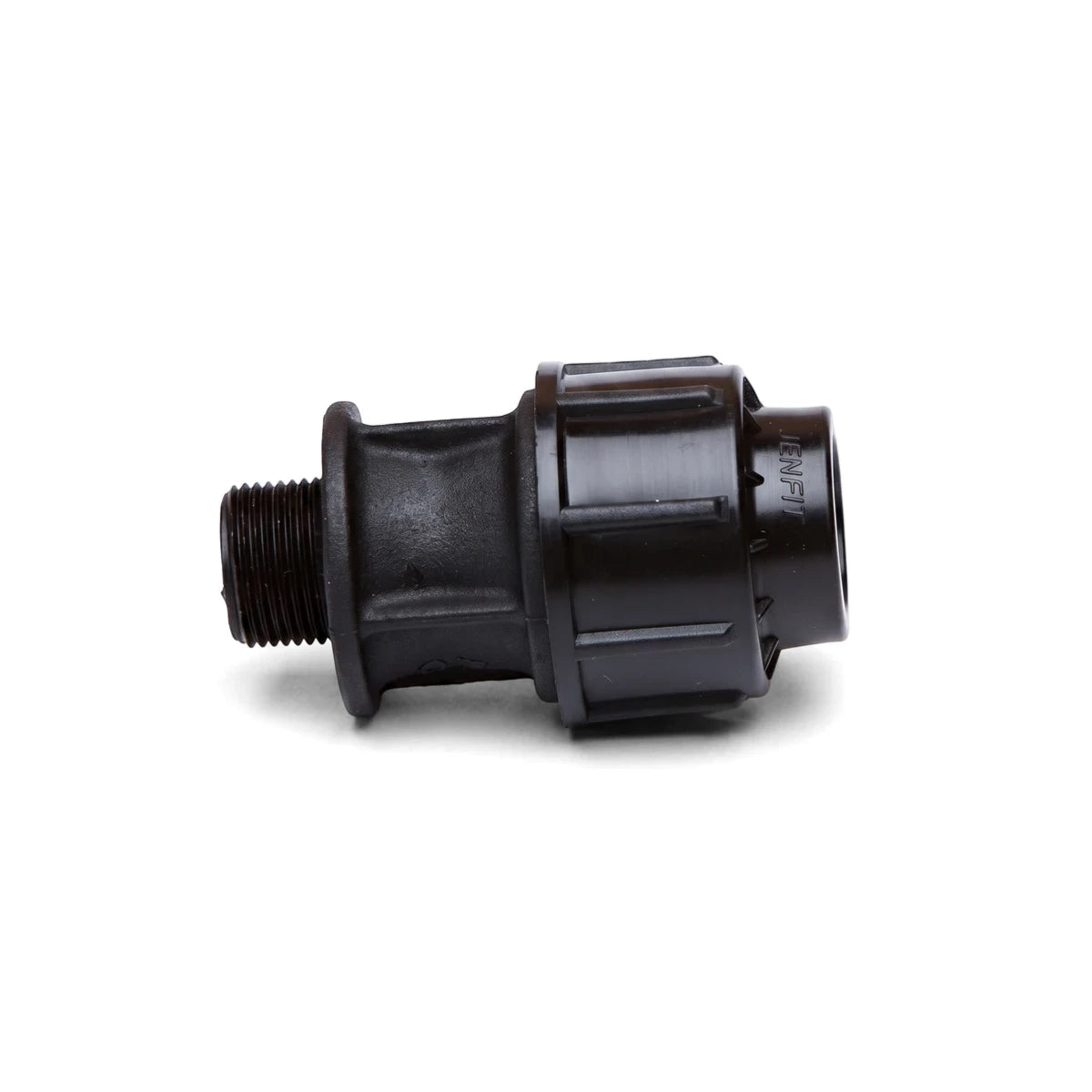 A black plastic Jenfit Male Adapter 25mm X 1/2 inch with external threads, displayed horizontally against a white background.