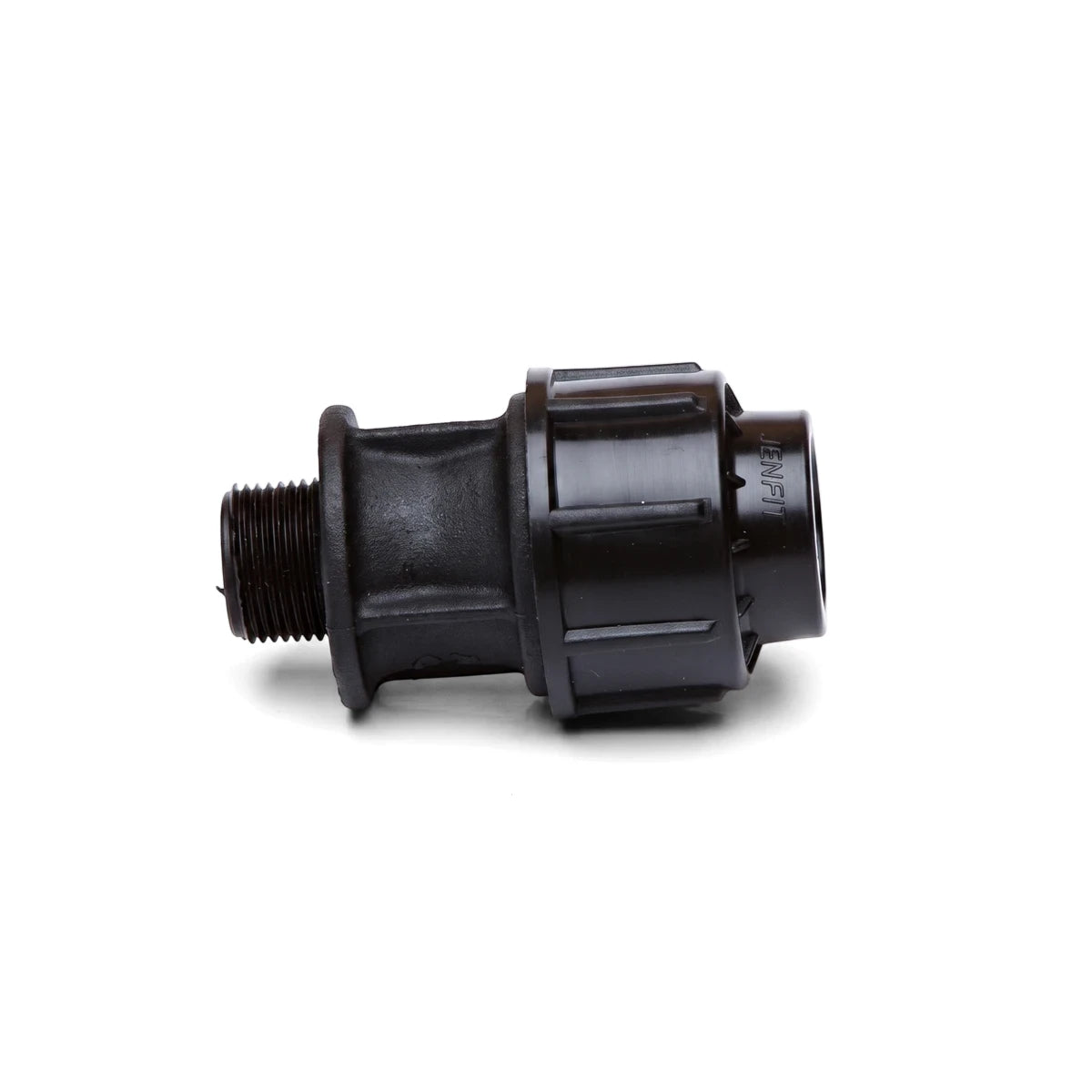 Black plastic Jenfit male adapter, 25mm x 1 inch, for plumbing and irrigation systems, shown with threaded and ribbed ends.