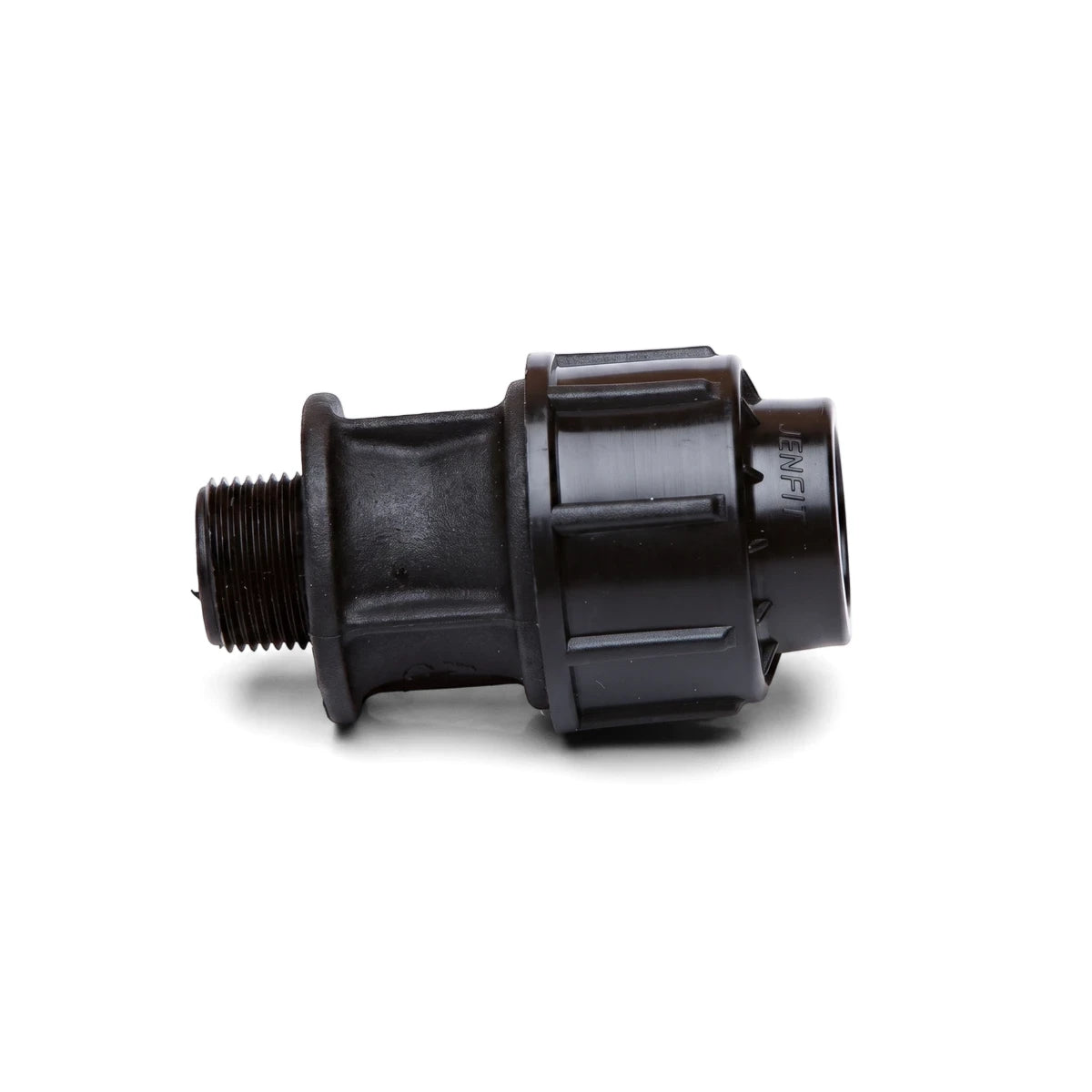 Black plastic Jenfit male adapter, 32mm x 1", featuring a threaded end and ribbed body for secure plumbing connections.