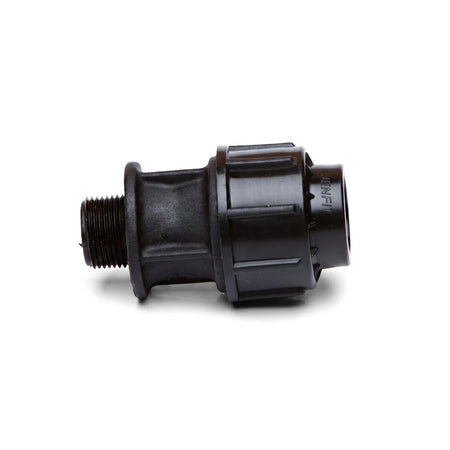 Black plastic Jenfit male adapter, 32mm x 1", featuring a threaded end and ribbed body for secure plumbing connections.