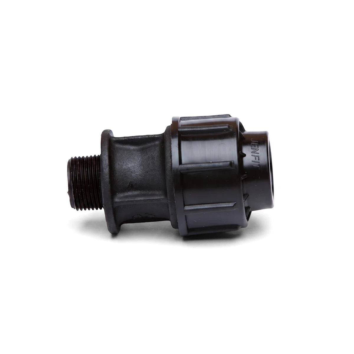 Black plastic Jenfit Male Adapter, 32mm x 3/4", for plumbing, displayed horizontally with a threaded end.