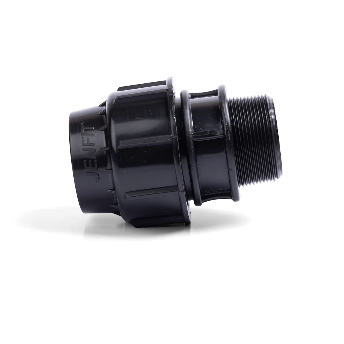 Jenfit male adapter 32mm x 3/4 in, black plastic fitting with threaded male end, side view.