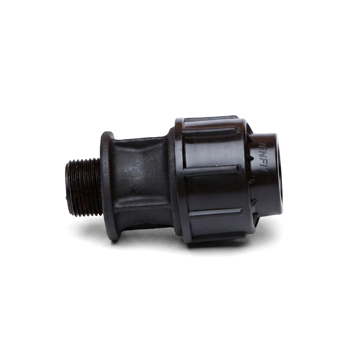 Black Jenfit male adapter pipe fitting with threading, viewed from the side, a 40mm x 1 1/4" connection.