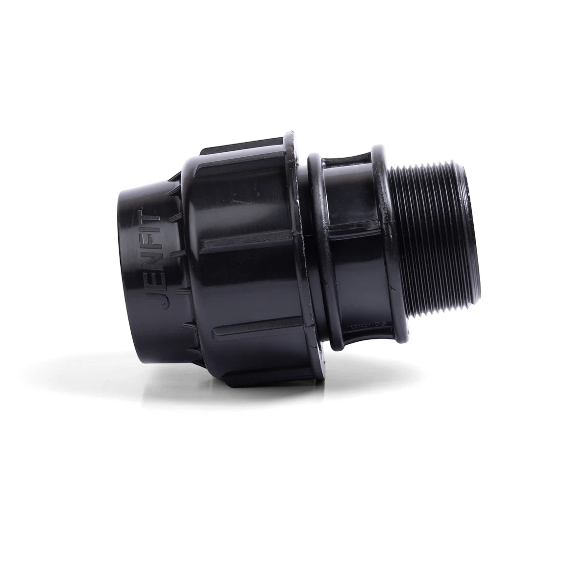 Black plastic Jenfit male adapter, 40mm x 1 1/4 inch, with external threads and a slip joint connection, shown horizontally