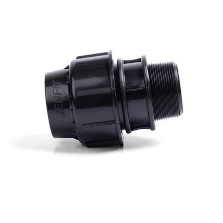 Black plastic Jenfit male adapter, 40mm x 1 1/4 inch, with external threads and a slip joint connection, shown horizontally
