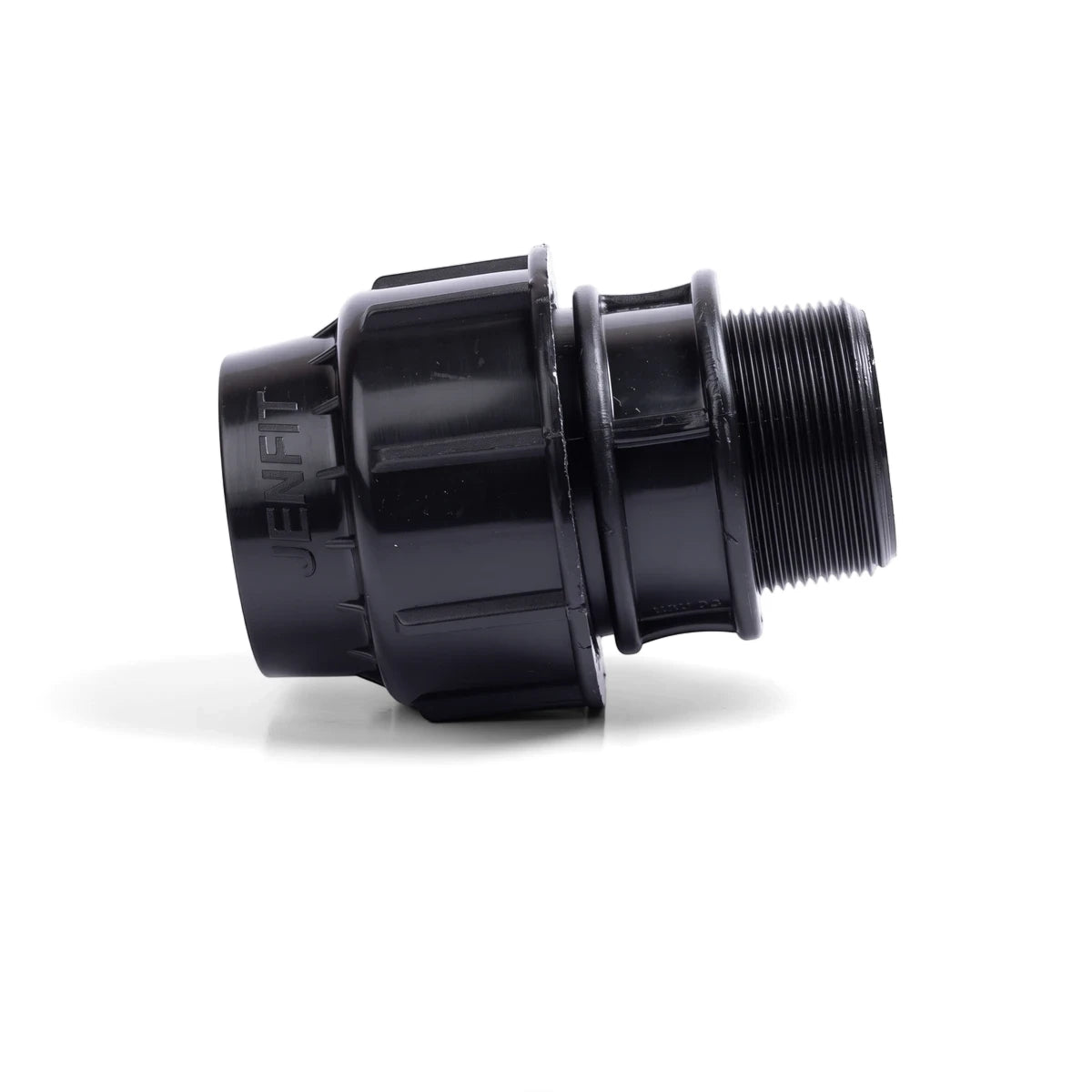Black Jenfit male adapter, a 40mm x 1 1/2 inch plastic pipe fitting with a threaded end, shown horizontally.