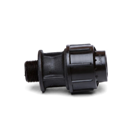 Black plastic Jenfit male adapter, 40mm x 1 1/2 inch, with threaded and push-fit connections, shown from a side view.