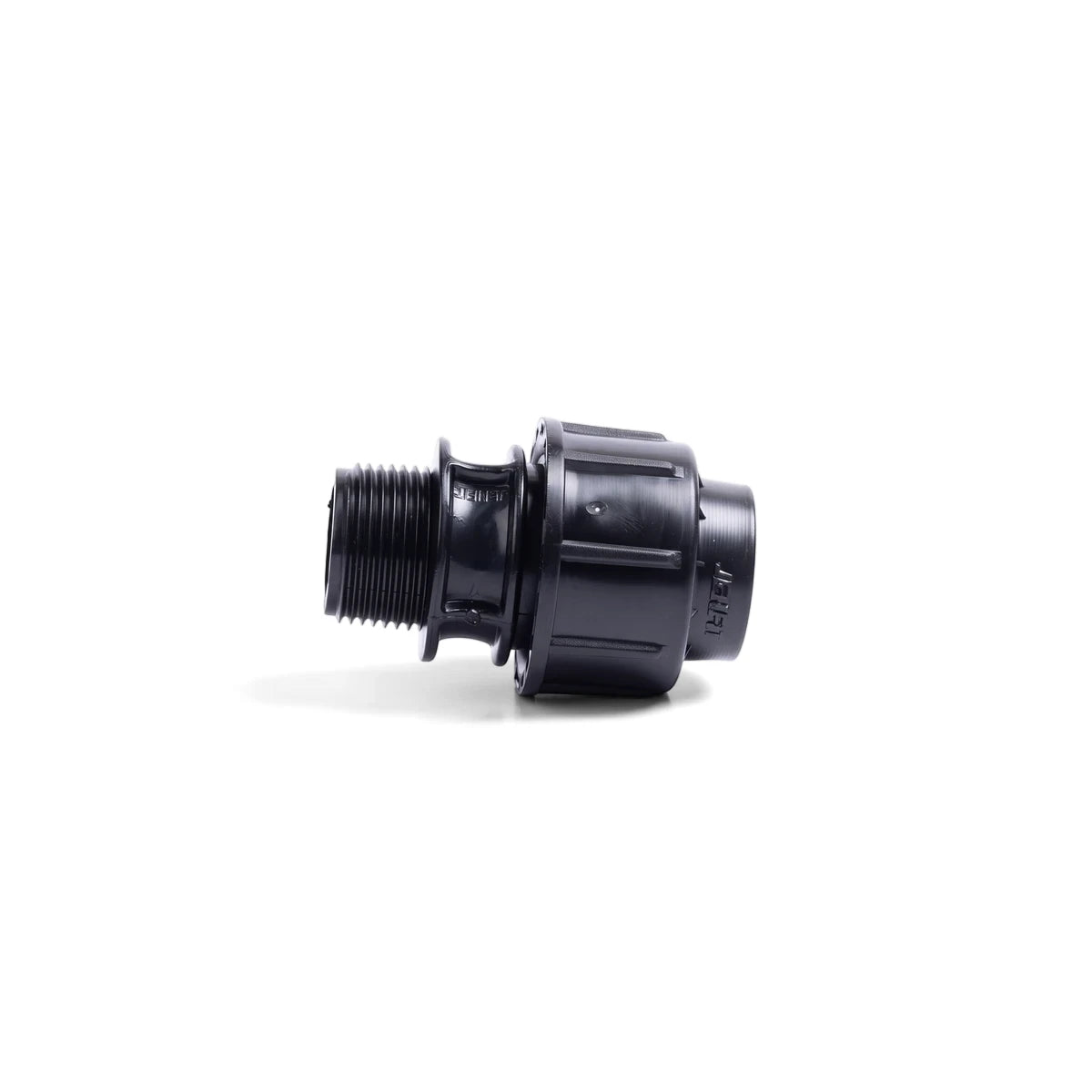 A black plastic Jenfit male adapter pipe fitting with threads, viewed from the side on a white background.