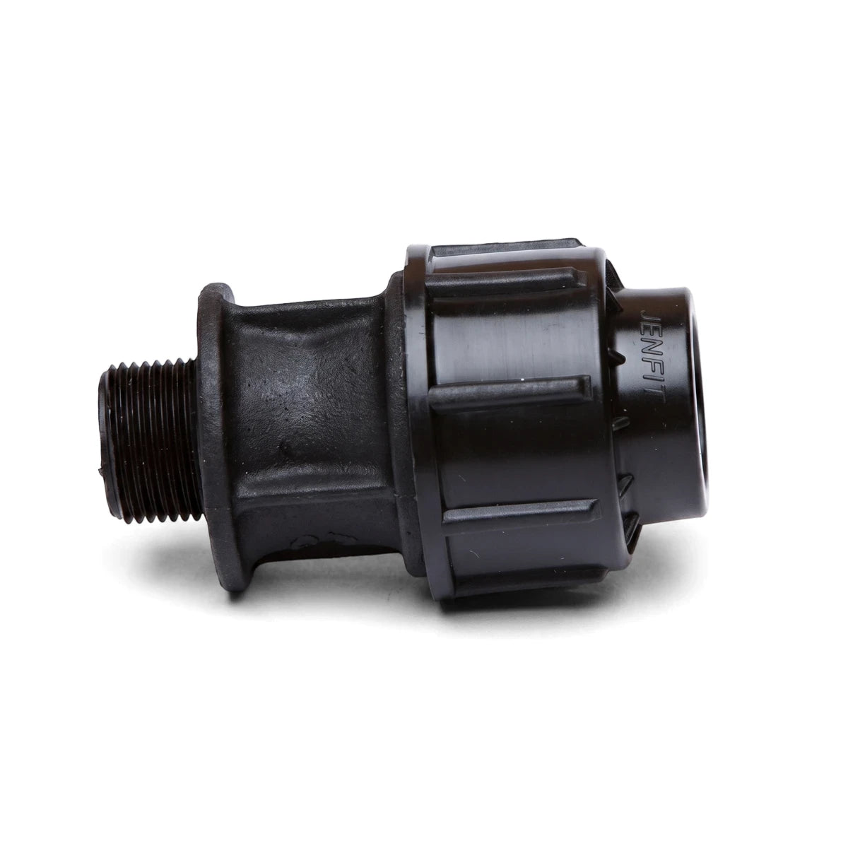 Black Jenfit Male Adapter 50mm X 1 1/2" with a threaded end, shown in a side view, ideal for plumbing.