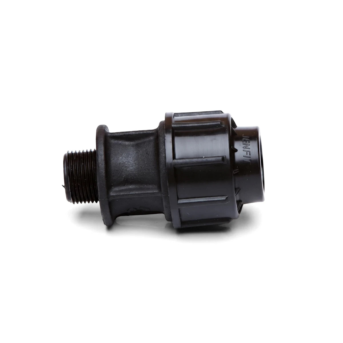 Black Jenfit male adapter, 50mm x 2 inches, with a threaded end and a ribbed connection for plumbing.