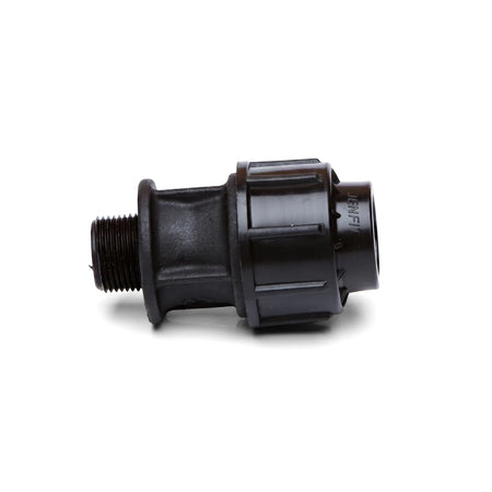 Black Jenfit male adapter, 50mm x 2 inches, with a threaded end and a ribbed connection for plumbing.