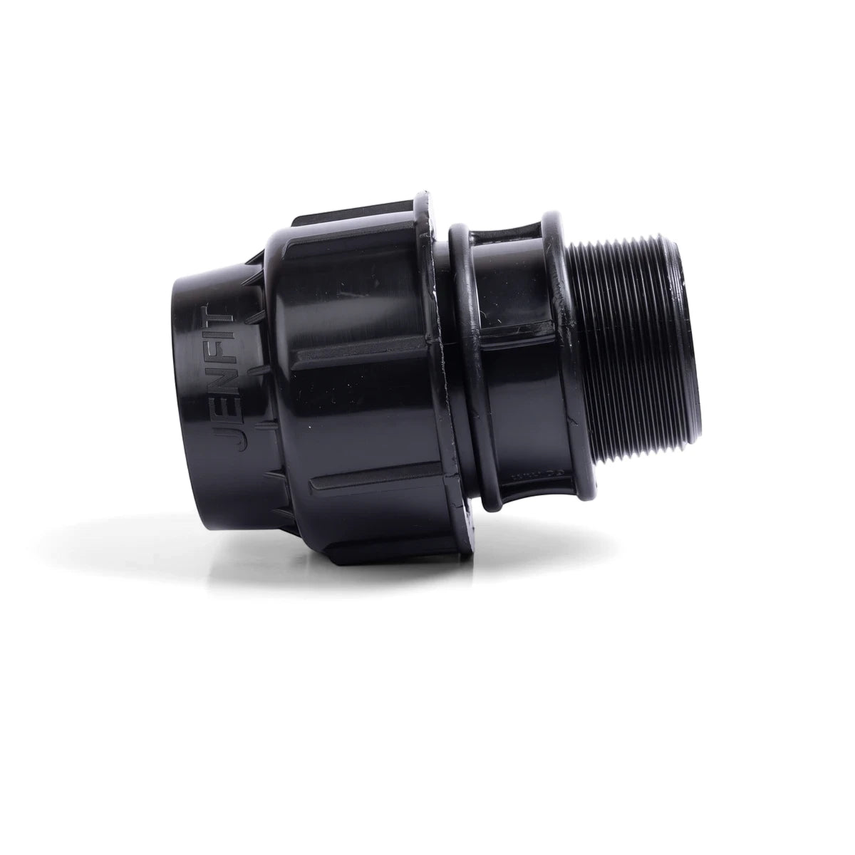 Black plastic Jenfit Male Adapter 50mm x 1 1/4 inch, a threaded plumbing fitting, shown horizontally on a white background.