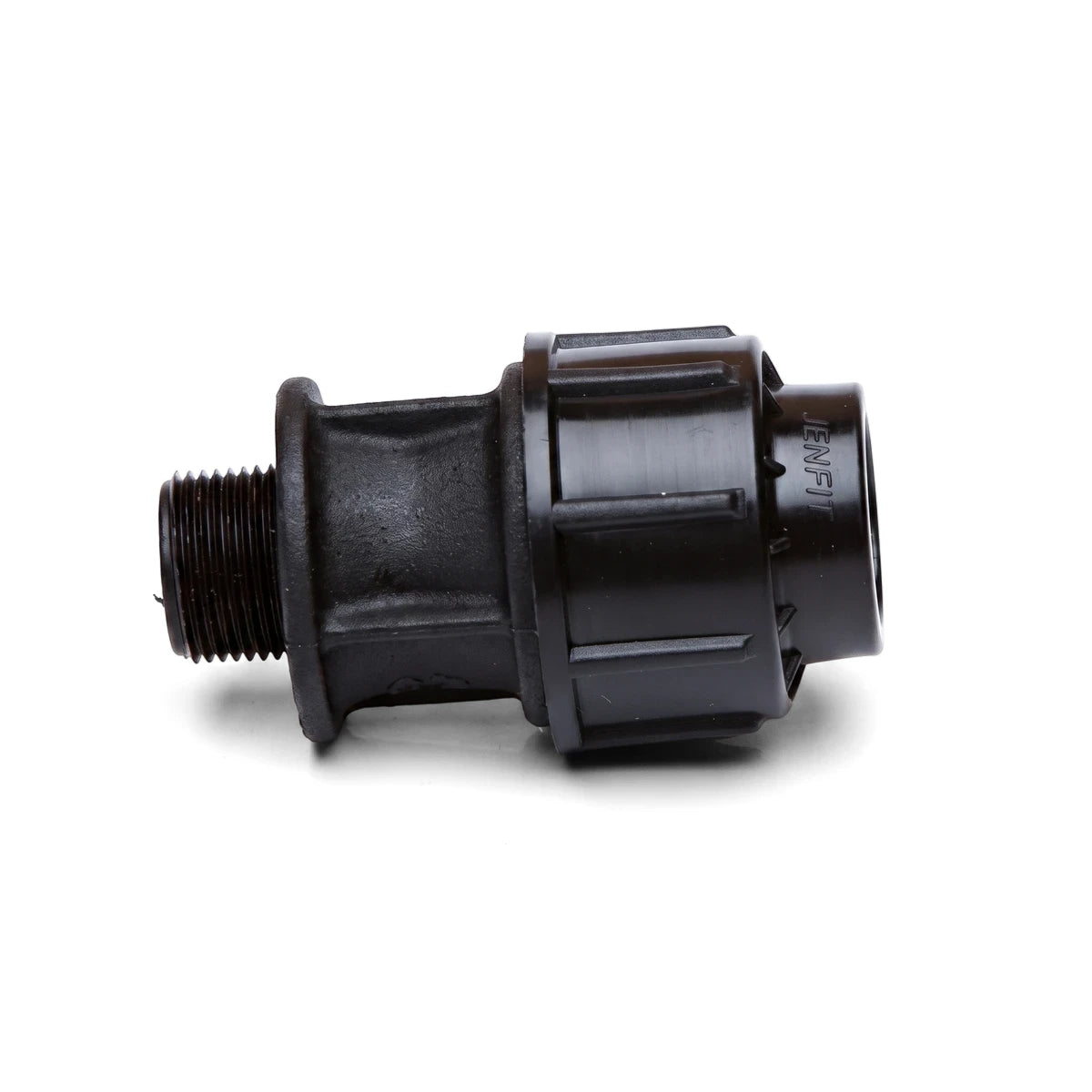 Black plastic Jenfit male adapter for pipes, 50mm x 1", with threaded and compression ends, seen from the side.