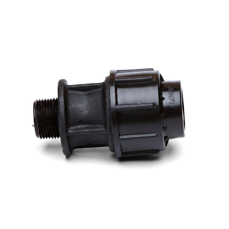 Black plastic Jenfit male adapter for pipes, 50mm x 1", with threaded and compression ends, seen from the side.