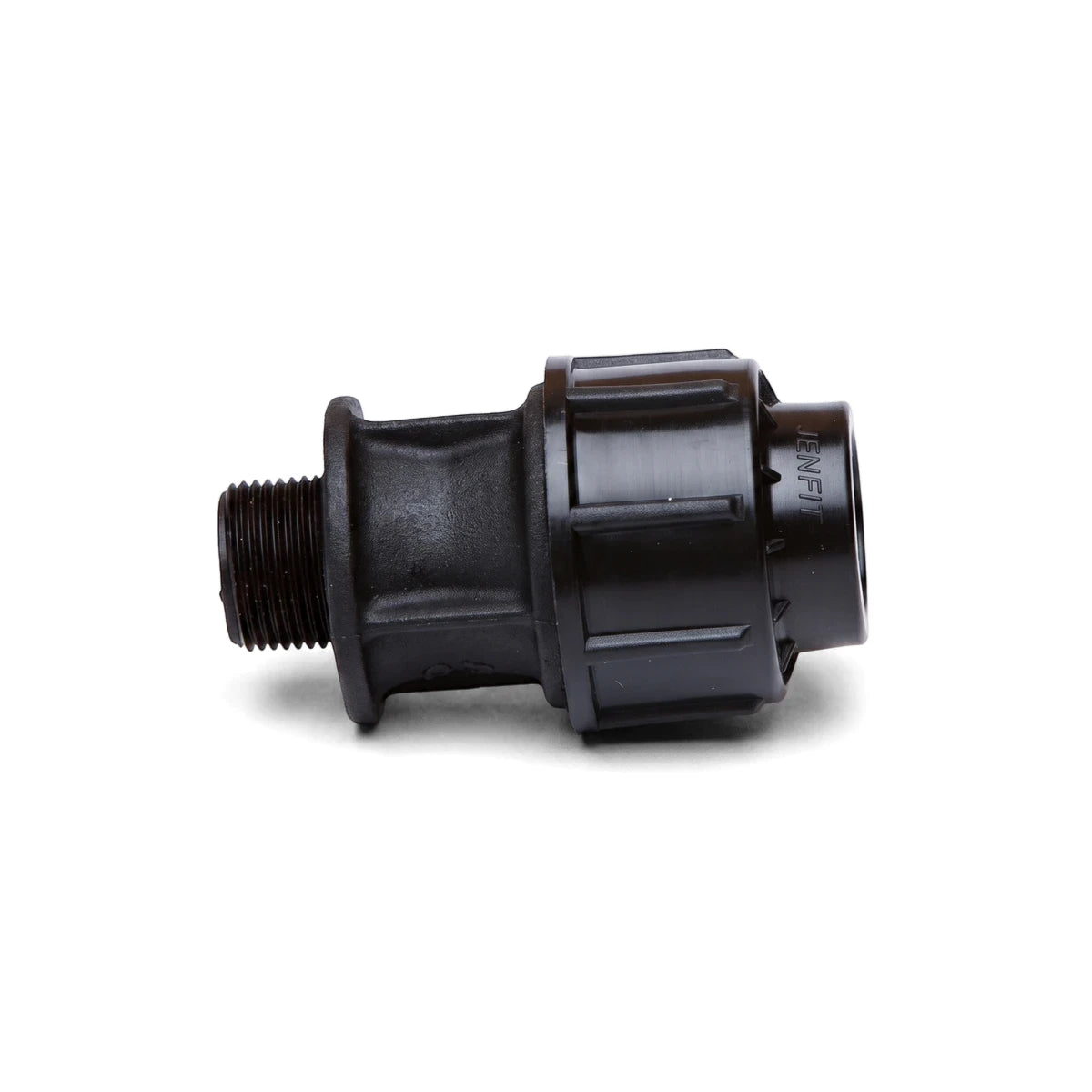 Black plastic Jenfit Male Adapter, 32mm X 1 1/4" plumbing fitting, shown with a threaded end and ribbed body.