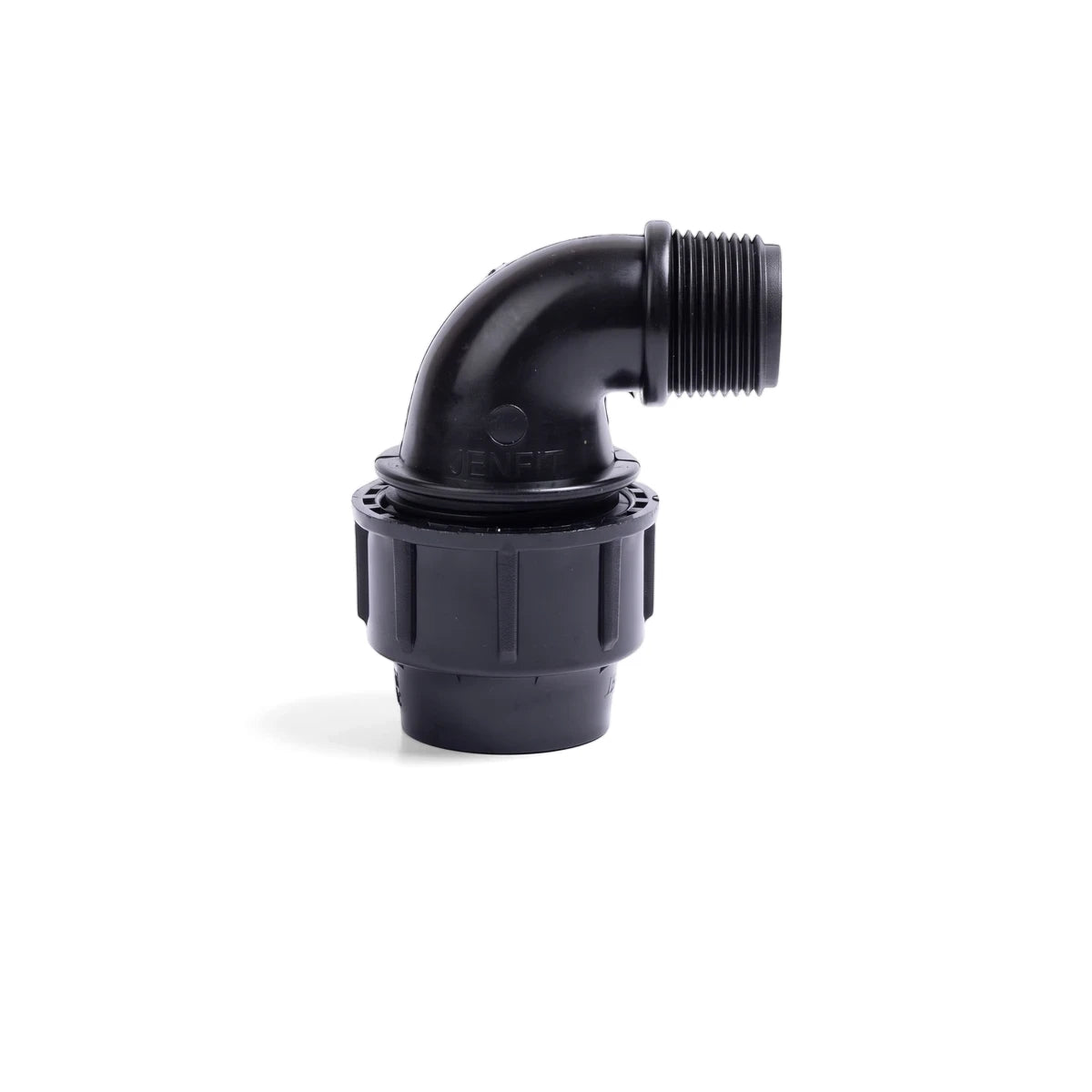 Black Jenfit male elbow pipe fitting, 20mm x 1/2", featuring a 90-degree bend with a threaded end and a compression fitting.