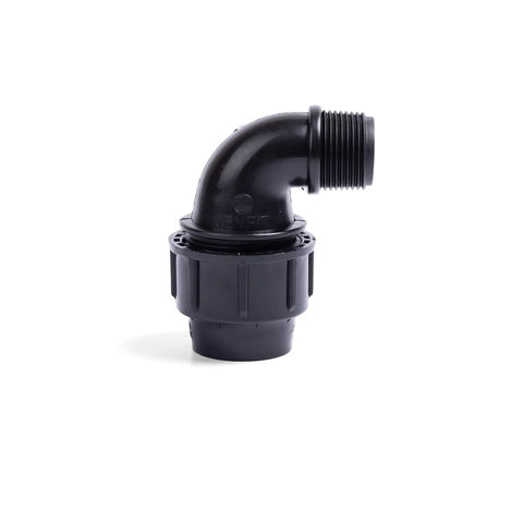 Black Jenfit male elbow pipe fitting, 20mm x 1/2", featuring a 90-degree bend with a threaded end and a compression fitting.