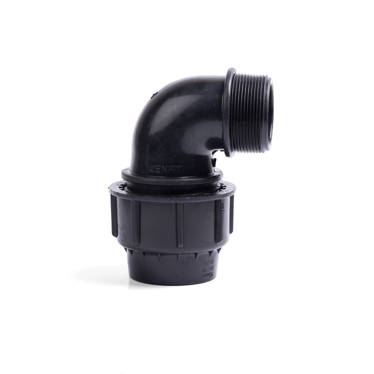Black plastic Jenfit male elbow fitting, 20mm x 1/2 inch, shown from a slightly elevated side view.