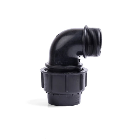 Black plastic Jenfit male elbow fitting, 20mm x 1/2 inch, shown from a slightly elevated side view.