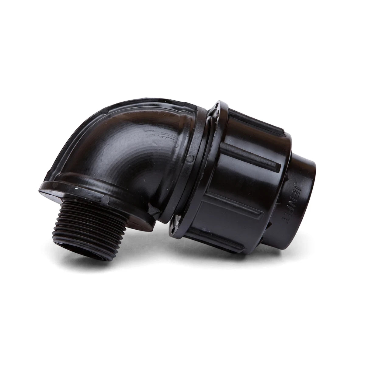 Black Jenfit 25mm x 1/2 inch male elbow fitting for pipe connections, shown at an angle on a white background.