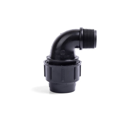 Black Jenfit Male Elbow plastic pipe fitting, 25mm x 1/2 inch, shown at a 90-degree angle with a threaded end.