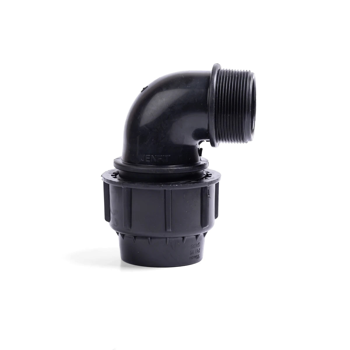 A black plastic Jenfit Male Elbow pipe fitting, 32mm x 1 1/4", shown upright with a 90-degree angle and threaded end.